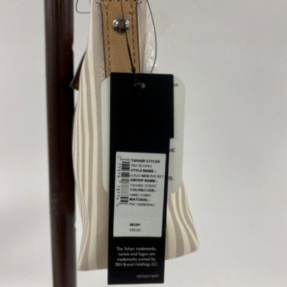 Tahari Womens Sand/Gray Striped Vegan Leather Double Handle Satchel Tote Handbag - Picture 3 of 4